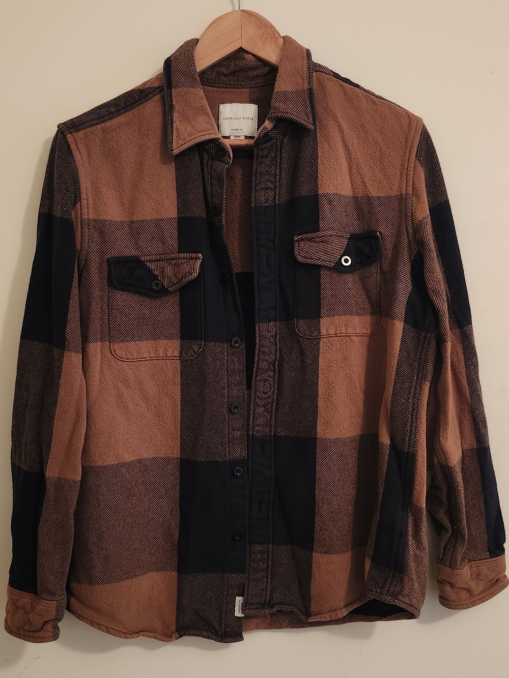 American Eagle Outfitters Black and Brown Plaid Button-Down Shirt